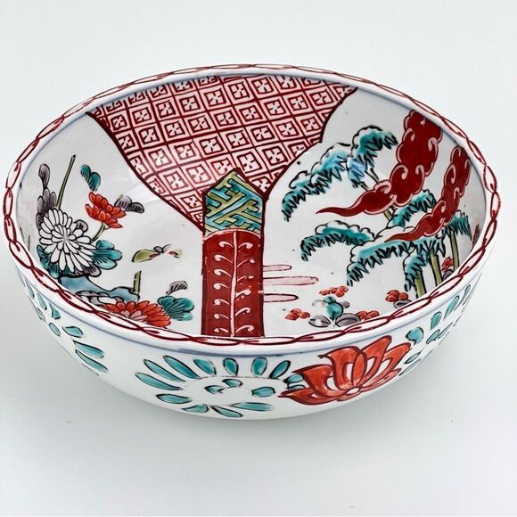 Japanese Imari Polychrome Vintage Meiji Period Flower Landscape Scene Arita Bowl - Picture 2 of 16